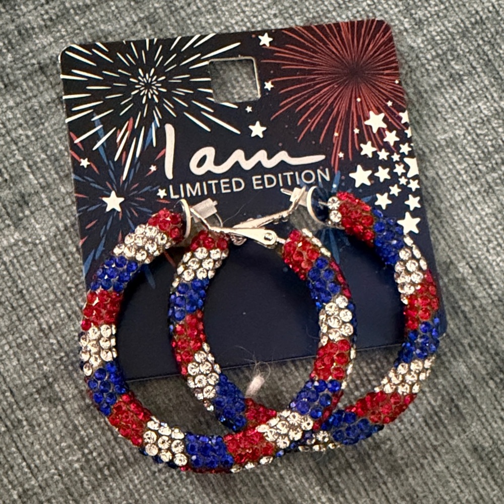 Limited Edition Red, Blue & Clear Crystal Hoop Earrings. Great for 4th of July